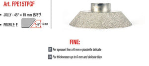 E Profile 45 accessory to be used with Toprofile Montolit tile tool used to bevel up to 6 mm thick tiles and delicate tiles. Diagram shows the 45 degree angle.