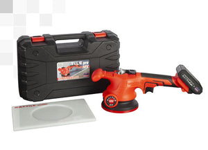 Tool for tile called Montlit Battile-Pro used on tile. Label on tool says pro 16V. You see case, tool and pad.