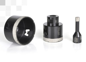 Three Montolit Mondrillo Diamond Core Drill Bits. Showcasing the diamond edges on black material.