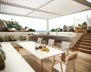 An outdoor oasis is created using the finest porcelain for this modern and minimalist outdoor poolside lounge. The durability and low maintenance make it the top choice for the custom table and countertop.  See it in the Edmonton showroom. 