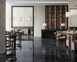 Porcelain slabs for backsplashes, countertops, showers, bathroom walls, fireplaces, feature walls, washbasins, custom furniture, high traffic flooring and facades.