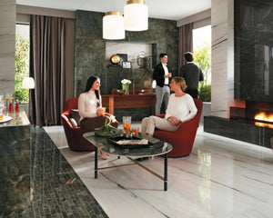 Dark veining against the creamy background in this large format porcelain tile is an elegant way to bring gentle contrast to walls and floors. For a high end look, it is polished and easy to clean. The distributor in in Alberta, Canada. 