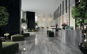 The deep, dramatic accent walls help ground this impressive commercial lounge style space. Using only the finest materials, the polished finish sets the mood for earthy neutrals and upscale lighting. The distributor for the porcelain in located in western Canada. 