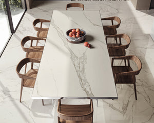 The durability and stain resistance of fine Italian porcelain makes it an ideal choice for this custom dining table. Visit the showroom in Edmonton, Alberta. 