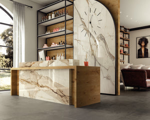 Porcelain slabs for backsplashes, countertops, showers, bathroom walls, fireplaces, feature walls, washbasins, custom furniture, high traffic flooring and facades.