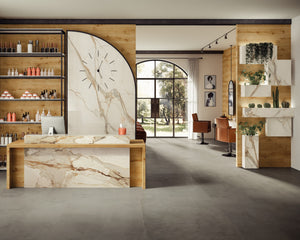 Porcelain slabs for backsplashes, countertops, showers, bathroom walls, fireplaces, feature walls, washbasins, custom furniture, high traffic flooring and facades.