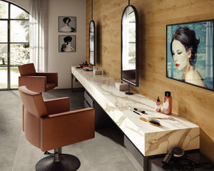 Porcelain slabs for backsplashes, countertops, showers, bathroom walls, fireplaces, feature walls, washbasins, custom furniture, high traffic flooring and facades.