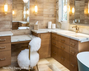 This custom vanity has an elegant, minimalist feel with the custom countertop made of top quality, stain resistant porcelain. The supplier is in Alberta, Canada. 