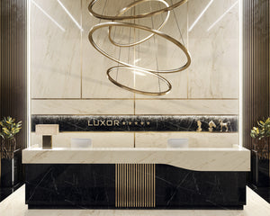 Porcelain slabs for backsplashes, countertops, showers, bathroom walls, fireplaces, feature walls, washbasins, custom furniture, high traffic flooring and facades.