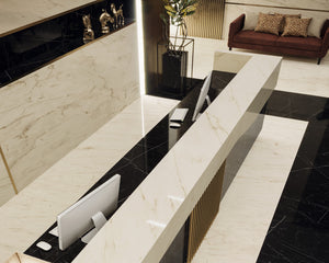 Porcelain slabs for backsplashes, countertops, showers, bathroom walls, fireplaces, feature walls, washbasins, custom furniture, high traffic flooring and facades.