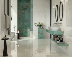 Porcelain slabs for backsplashes, countertops, showers, bathroom walls, fireplaces, feature walls, washbasins, custom furniture, high traffic flooring and facades.