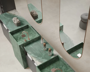 Porcelain slabs for backsplashes, countertops, showers, bathroom walls, fireplaces, feature walls, washbasins, custom furniture, high traffic flooring and facades.