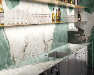 Porcelain slabs for backsplashes, countertops, showers, bathroom walls, fireplaces, feature walls, washbasins, custom furniture, high traffic flooring and facades.
