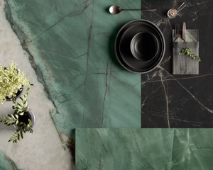 Porcelain slabs for backsplashes, countertops, showers, bathroom walls, fireplaces, feature walls, washbasins, custom furniture, high traffic flooring and facades.