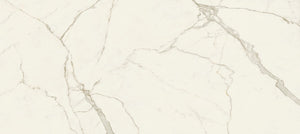 White marble porcelain effect large format tile bookmatch with gray and brown veins on a white background in stock in Edmonton Western Canada