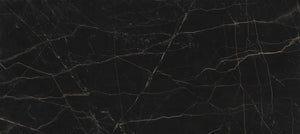 In stock black marble look porcelain with brown and white and gold veins polished in showroom Edmonton Western Canada