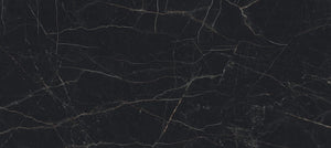 In stock black marble look porcelain with brown and white and gold veins polished in showroom Edmonton Western Canada