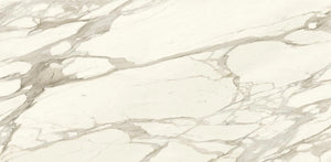Marble-like tile countertops with beige and gray patterns in stock