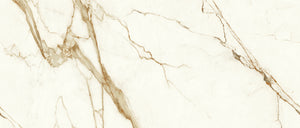 Marble porcelain effect pattern with gold and beige and brown veins on a bright white background with through vein in stock polished and matte