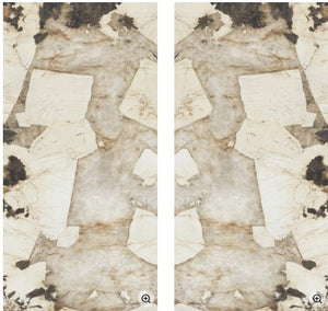 Bookmatch pattern of white and beige and brown shapes on a textured background in stock.