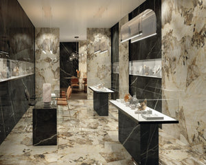 Porcelain slabs for backsplashes, countertops, showers, bathroom walls, fireplaces, feature walls, washbasins, custom furniture, high traffic flooring and facades.