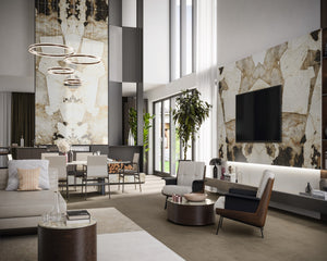 Porcelain slabs for backsplashes, countertops, showers, bathroom walls, fireplaces, feature walls, washbasins, custom furniture, high traffic flooring and facades.