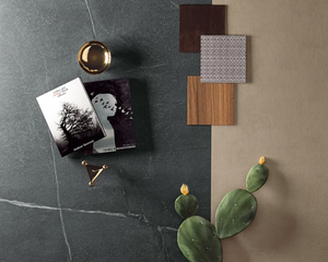 Natural textures and finishes enhance the timeless look of soapstone, with the durability of heat resistant porcelain. Available for custom applications and delivery in Western Canada. 