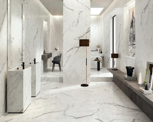Porcelain slabs for backsplashes, countertops, showers, bathroom walls, fireplaces, feature walls, washbasins, custom furniture, high traffic flooring and facades.