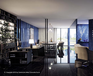 Large format Italian porcelain tiles grace the floor in this expansive, open concept space which could be either a residential or smaller commercial area. The full slabs can be viewed in the showroom in west Edmonton.