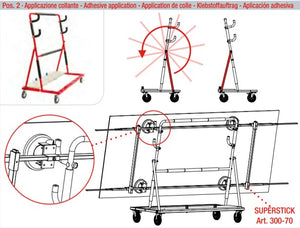 Diagram of the various positions the Montolit Goal EVO transport cart can be used with the Superstick suction cups applied to the large format tile.